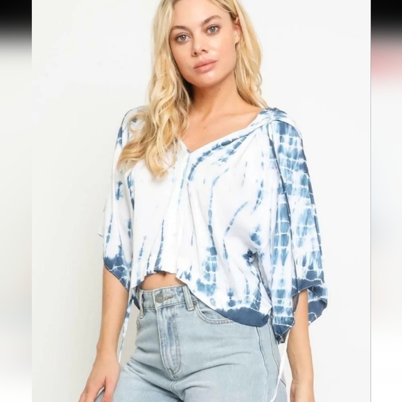 Vici Baja Blue Tie Dye Oversized Crop Top Cropped Hoodie Boho Beach Size Small - Picture 11 of 12